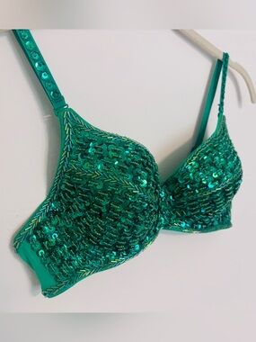 Embellished Sequin Beaded Emerald Green Bra Festival Rave Dance